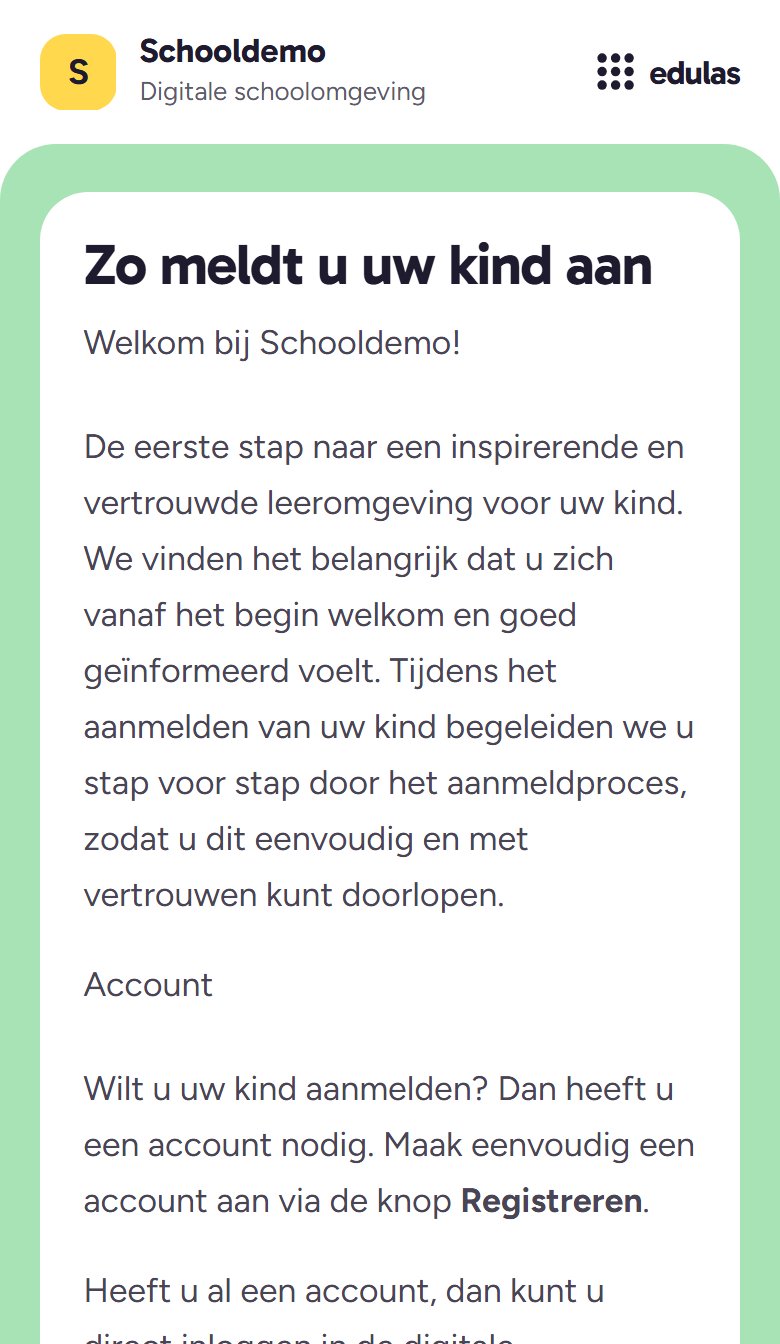 De aanmeldpagina van een school in Edulas, op een telefoon.