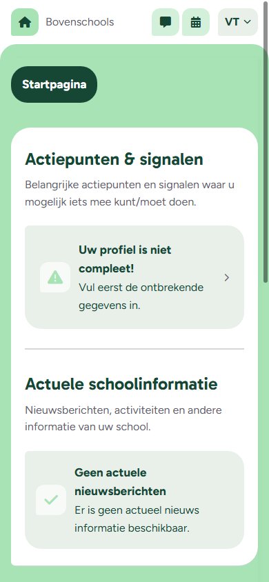 De startpagina van het ouderportaal op een telefoon, met actiepunten en actuele schoolinformatie.