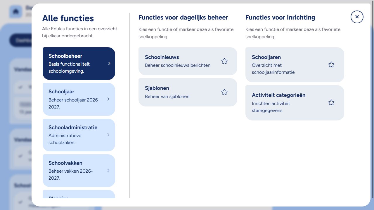 Het functiemenu van Edulas, met alle functies in één overzicht.