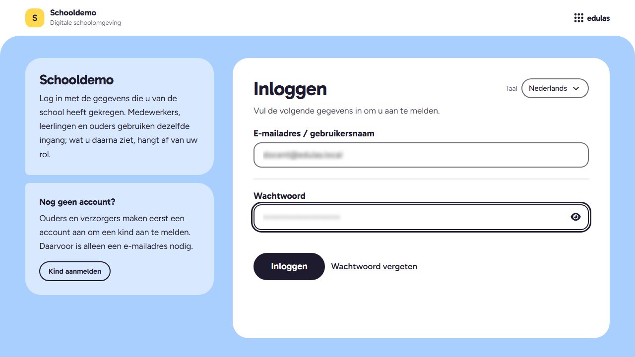 Het inlogscherm van een schoolomgeving in Edulas.