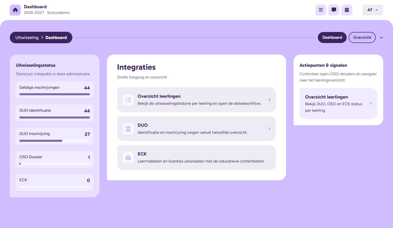 Het uitwisselingsdashboard in Edulas, met de stand van de uitwisseling per integratie.
